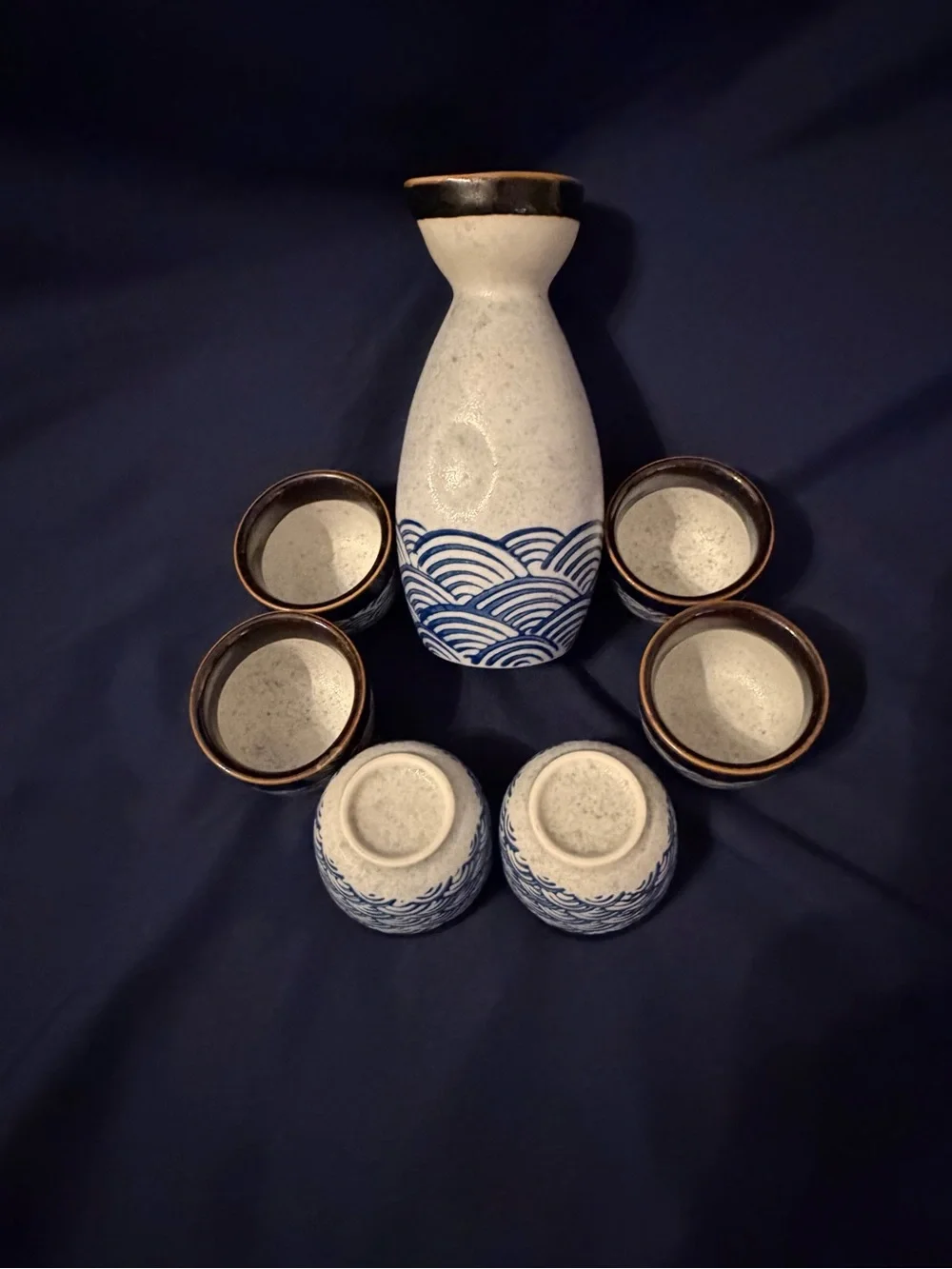 Japanese Style 7 pc Ceramic Sake Set w/Cobalt Blue Waves and Dark Trim NWOT